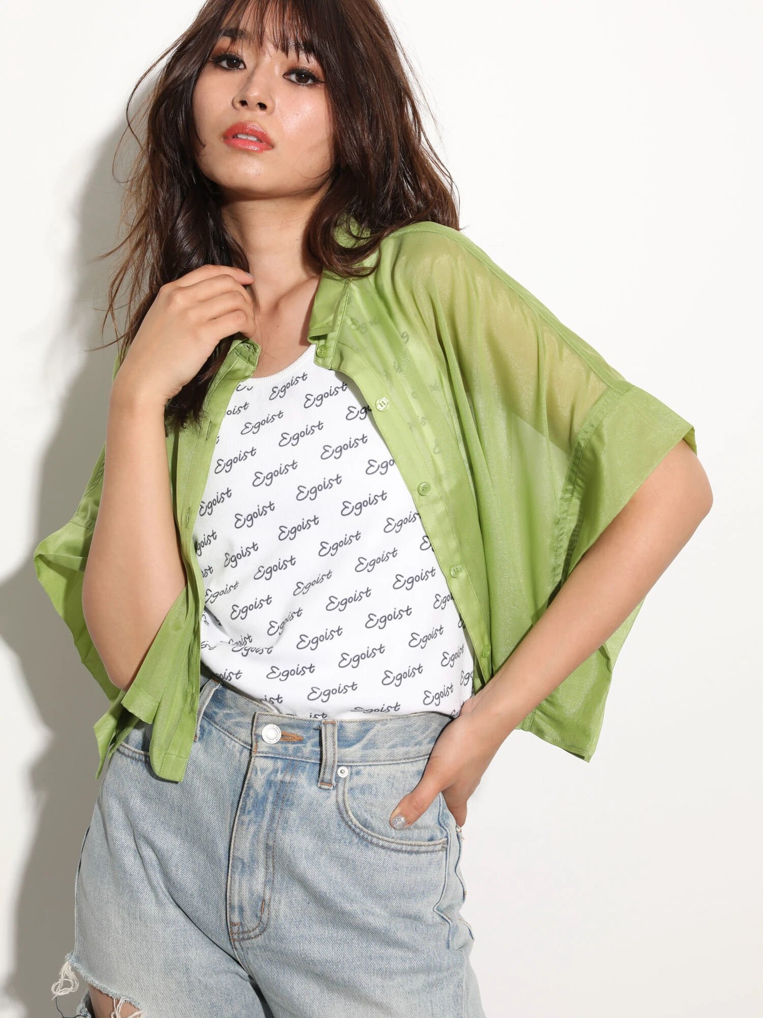 Green Parks EGOIST 短丈シアーシャツ 24SS/ショート丈/半袖/夏/レディース/透け感 グリーンパークス トップス シャツ・ブラウス グリーン グレー ホワイト ピンク【送料無料】