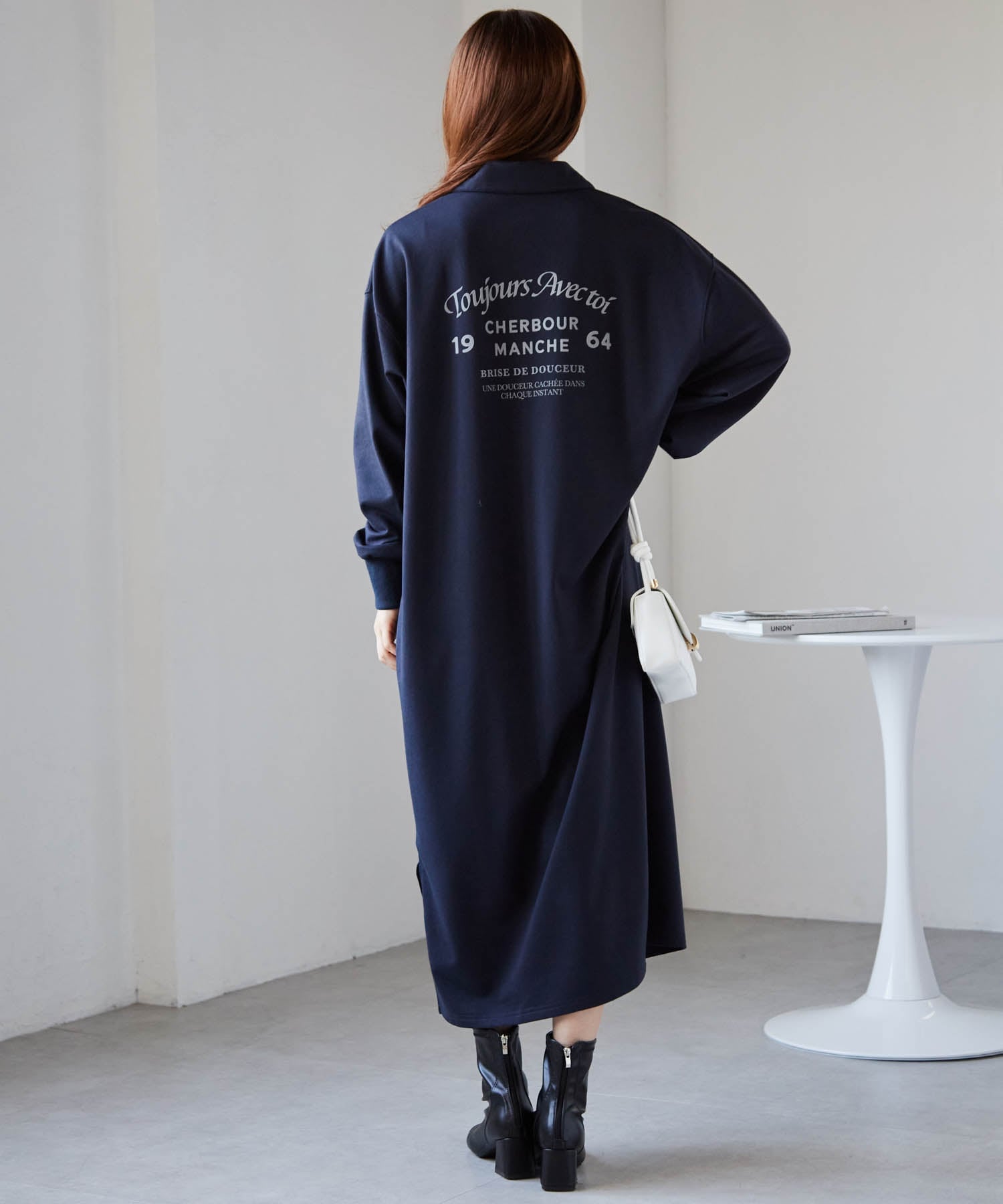 Ranan Ranan/(W)バックプリントポロ襟裏毛ワンピース ラナン ワンピース・ドレス ワンピース グレー ネイビー
