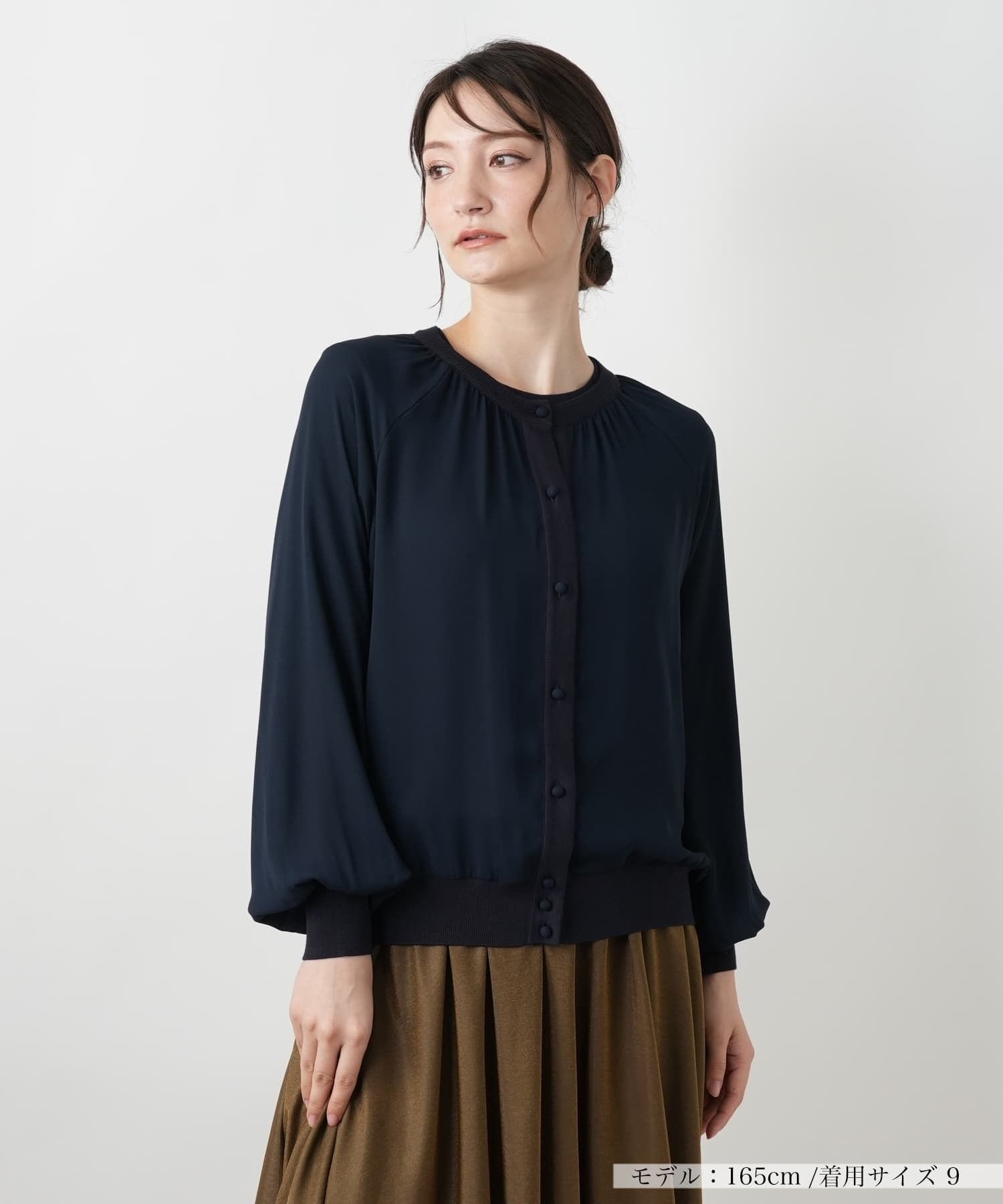 【SALE／50%OFF】Leilian 【店舗人気】異素材切り替えカーディガン レリアン トップス カーディガン ベージュ ネイビー【送料無料】