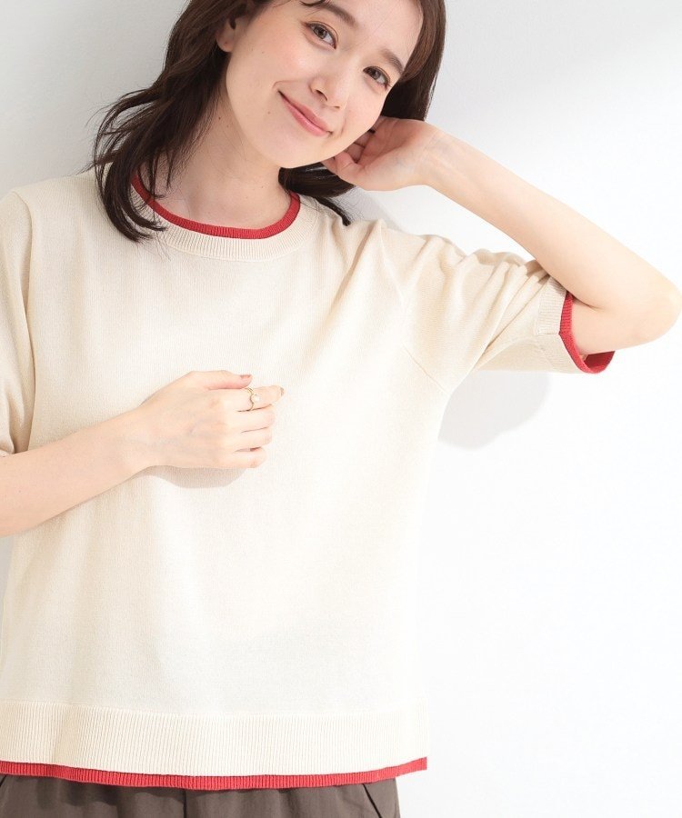 【SALE／20%OFF】SHOO・LA・RUE 【二の腕隠れる/コットン混】配色使いで差がつく 洗える五分袖ニット シューラルー トップス ニット ホワイト グレー ネイビー