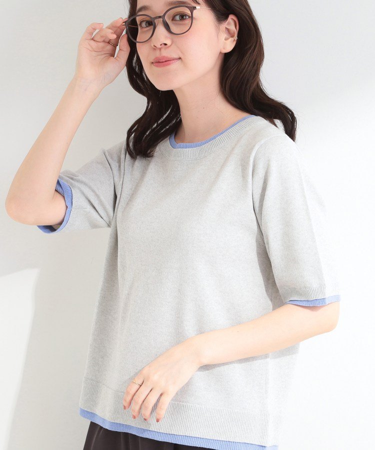 SHOO・LA・RUE 【二の腕隠れる/コットン混】配色使いで差がつく 洗える五分袖ニット シューラルー トップス ニット ホワイト グレー ネイビー
