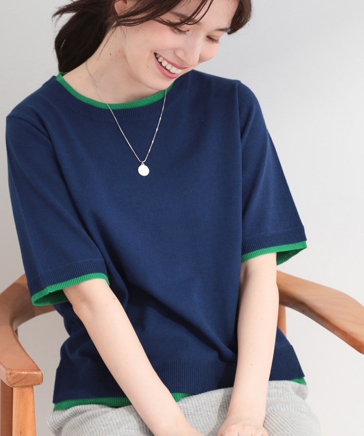 SHOO・LA・RUE 【二の腕隠れる/コットン混】配色使いで差がつく 洗える五分袖ニット シューラルー トップス ニット ホワイト グレー ネイビー