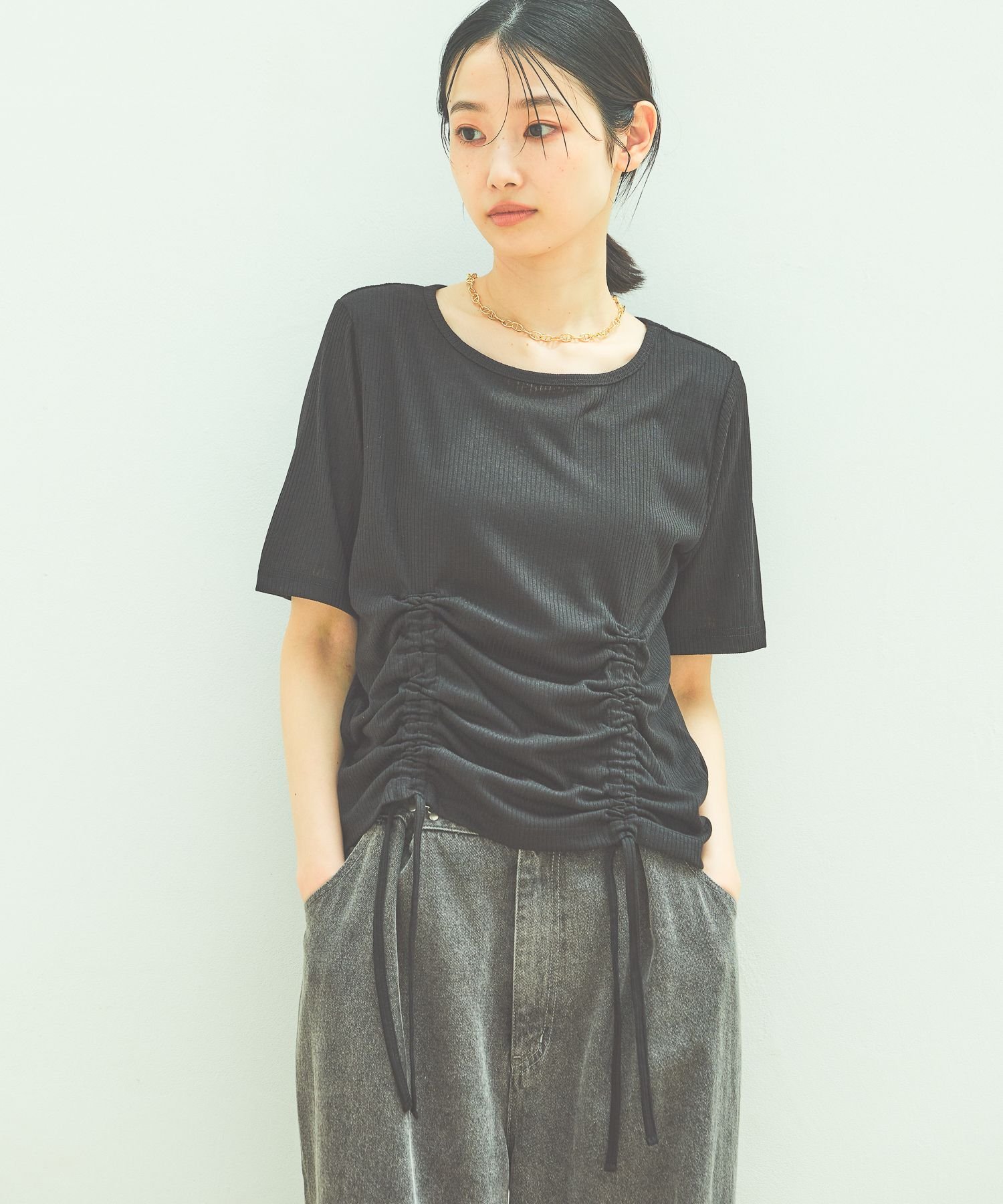 【SALE／19%OFF】LAKOLE ドロストシアーテレコ半袖T ラコレ トップス カットソー・Tシャツ ホワイト ブラック イエロー グレーのサムネイル