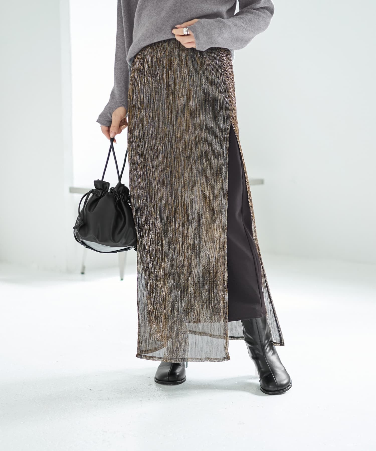 STYLE DELI 【LUXE】キラキラシアーとリブ生地のスカートセット スタイルデリ スカート ロング・マキシスカート グレー ブラウン【送料無料】
