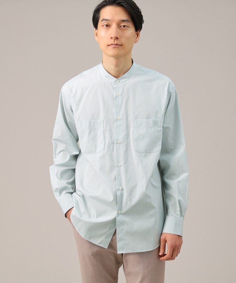 【SALE／50%OFF】TAKEO KIKUCHI 100/2ストライプ バンドカラーシャツ タケオキクチ トップス シャツ・ブラウス グリーン ベージュ【送料無料】