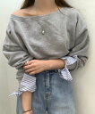 【SALE/25%OFF】Diosfront 2024AW新作 袖ストライプドッキングオフショルスウェット ディオスフロント トップス スウェット・トレーナー ...