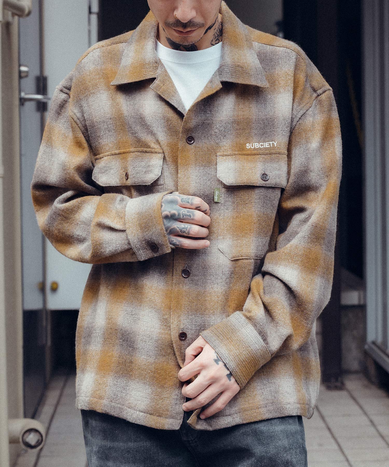 Subciety Wool ombre check shirt サブサエティ トップス シャツ・ブラウス ブルー ブラウン イエロー