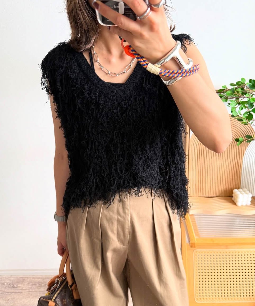 La-gemme ループフリンジベスト ラジュール トップス ベスト・ジレ ホワイト ブラック ブラウン グレー【送料無料】