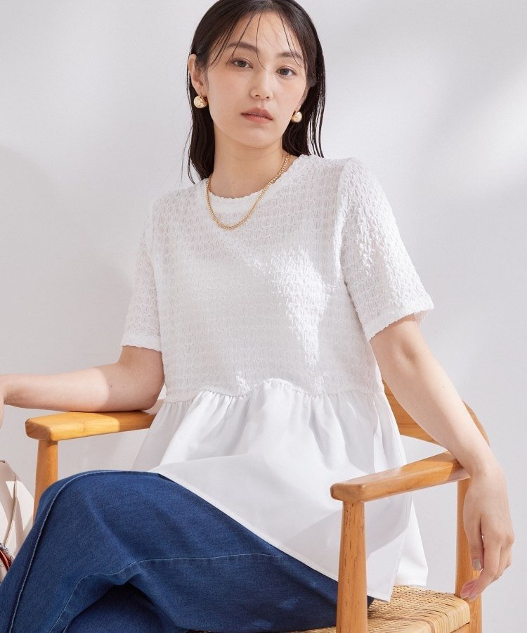 OPAQUE.CLIP ジャカードドッキング ペプラムカットソー【洗濯機OK】 オペークドットクリップ トップス カットソー・Tシャツ ホワイト ブラック ブルー