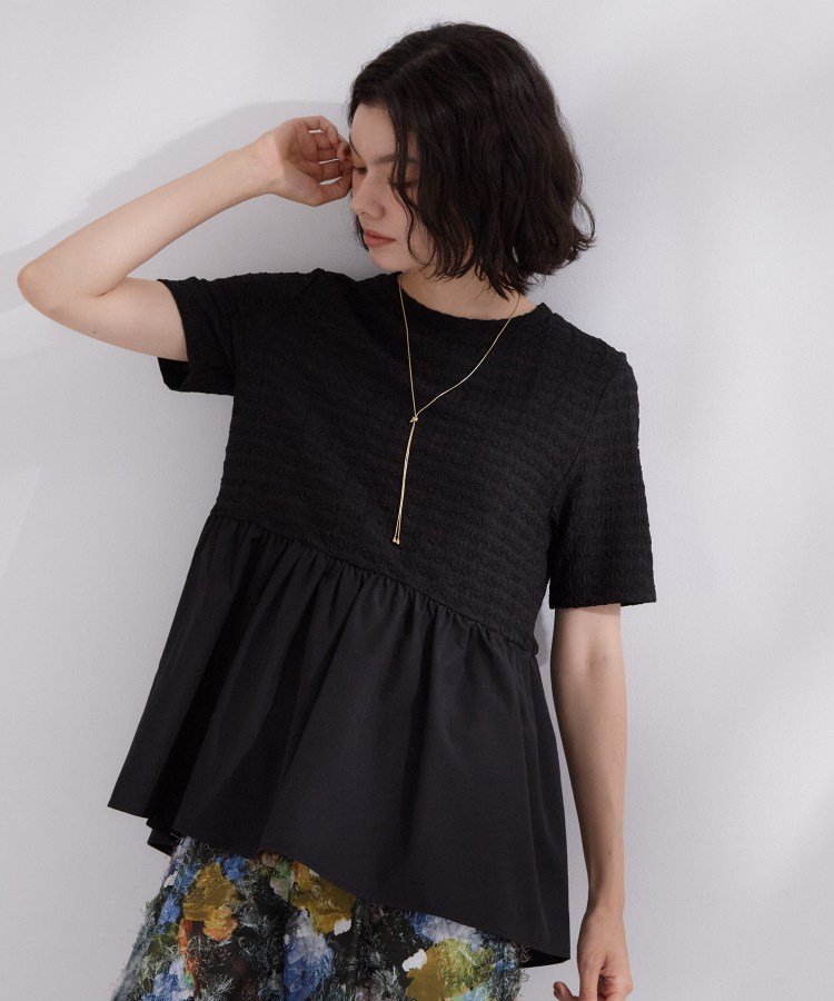 OPAQUE.CLIP ジャカードドッキング ペプラムカットソー【洗濯機OK】 オペークドットクリップ トップス カットソー・Tシャツ ホワイト ブラック ブルー