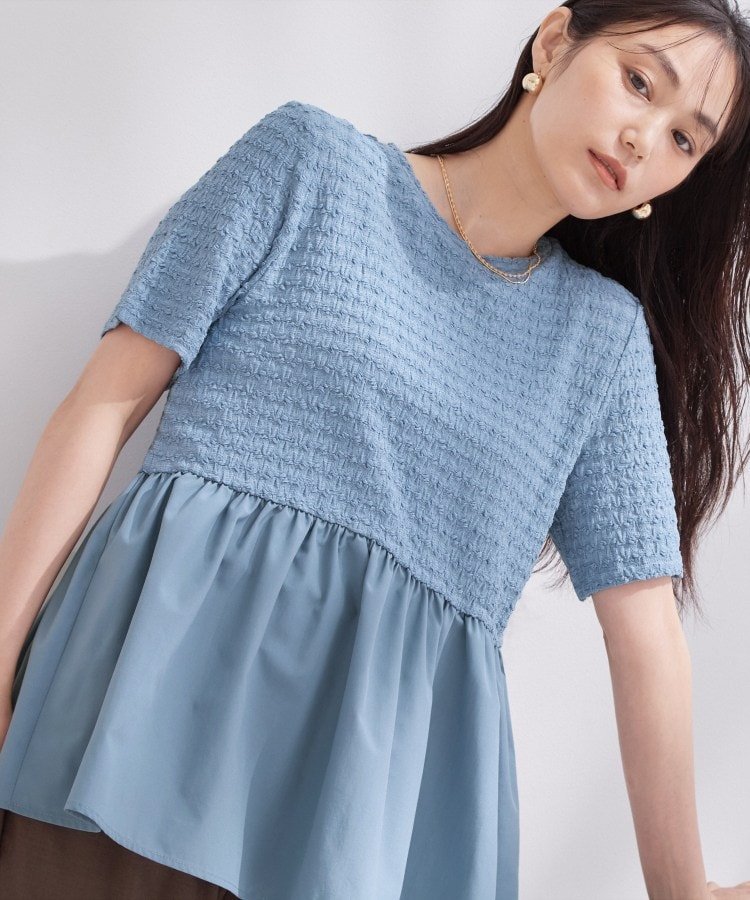 OPAQUE.CLIP ジャカードドッキング ペプラムカットソー【洗濯機OK】 オペークドットクリップ トップス カットソー・Tシャツ ホワイト ブラック ブルー