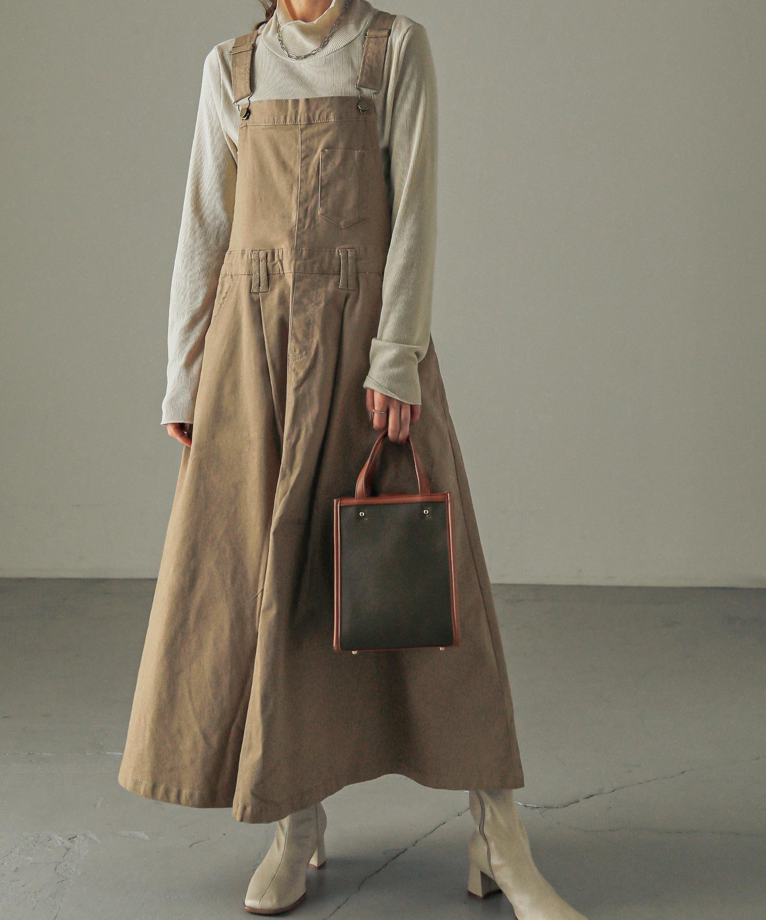 FashionLetter ロング丈フレアサロペットスカート ビーフラット ワンピース・ドレス ジャンパースカート カーキグリーン ベージュ ブラック【送料無料】