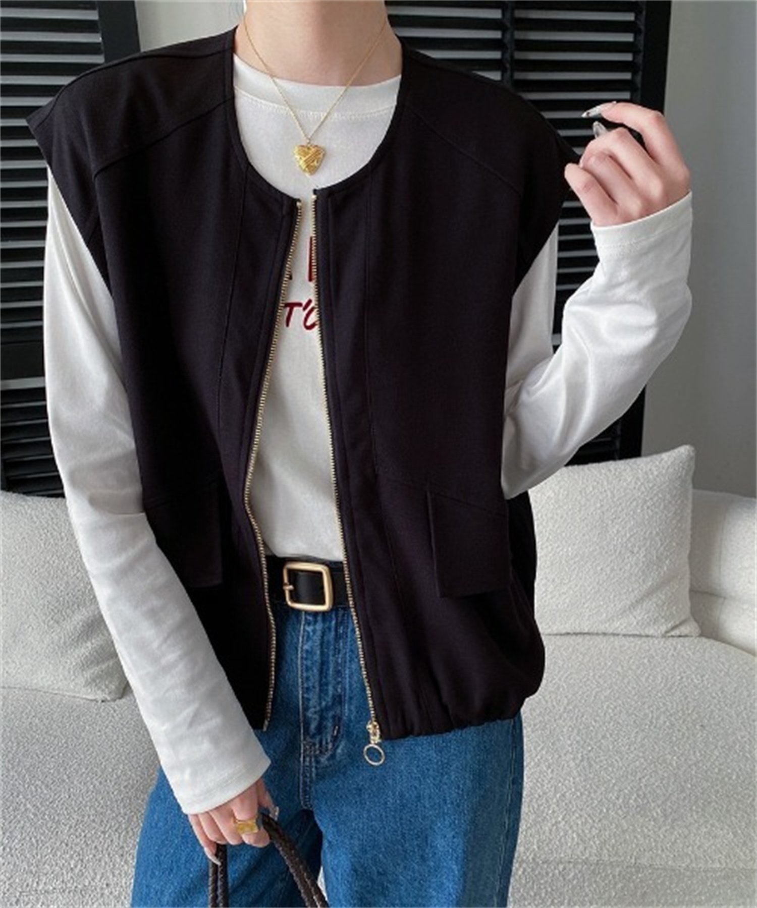 【SALE／10%OFF】CHUN CHUN NOTES 26SS/ノーカラージップデザインベスト ディアベル トップス ベスト・ジレ ブラック ネイビー【送料無料】