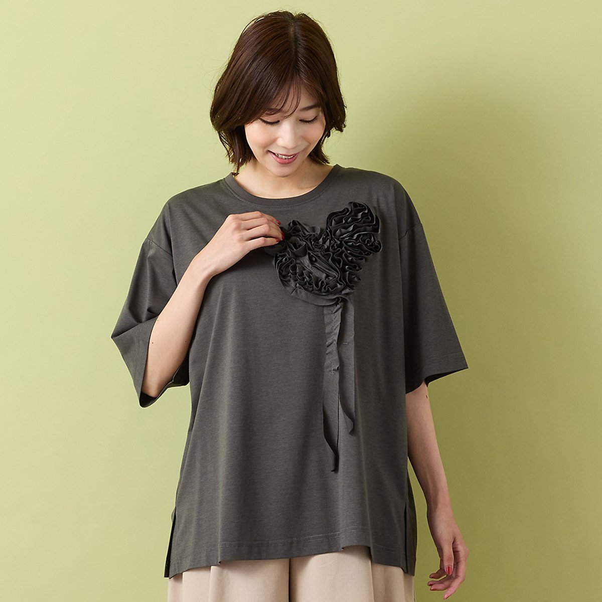 PISANO 【手洗いOK】ハート刺繍カットソー ピサーノ トップス カットソー・Tシャツ レッド グレー