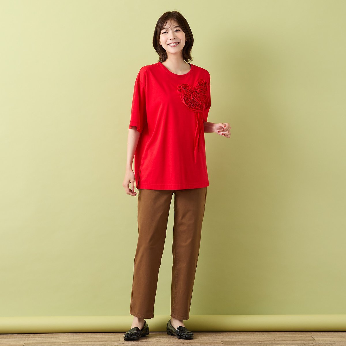 PISANO 【手洗いOK】ハート刺繍カットソー ピサーノ トップス カットソー・Tシャツ レッド グレー
