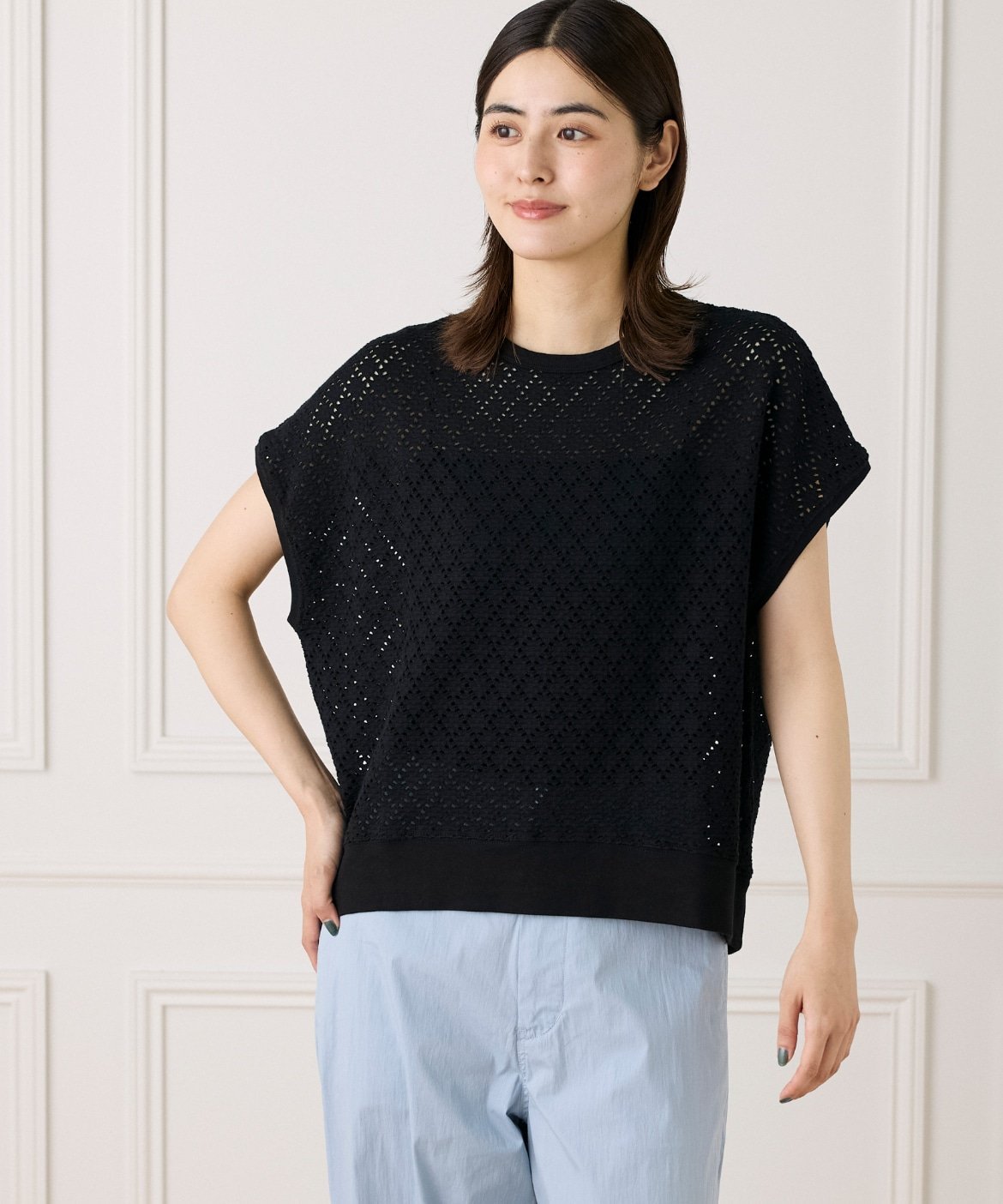 7-IDconcept. 《大きいサイズ》アイレット天竺カットプルオーバー セブンアイディコンセプト トップス カットソー・Tシャツ イエロー ホワイト ブラック