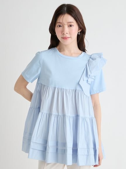 CELFORD 【洗える】ショルダーフリルチュニックカットソー セルフォード トップス カットソー・Tシャツ ブラック ホワイト【送料無料】