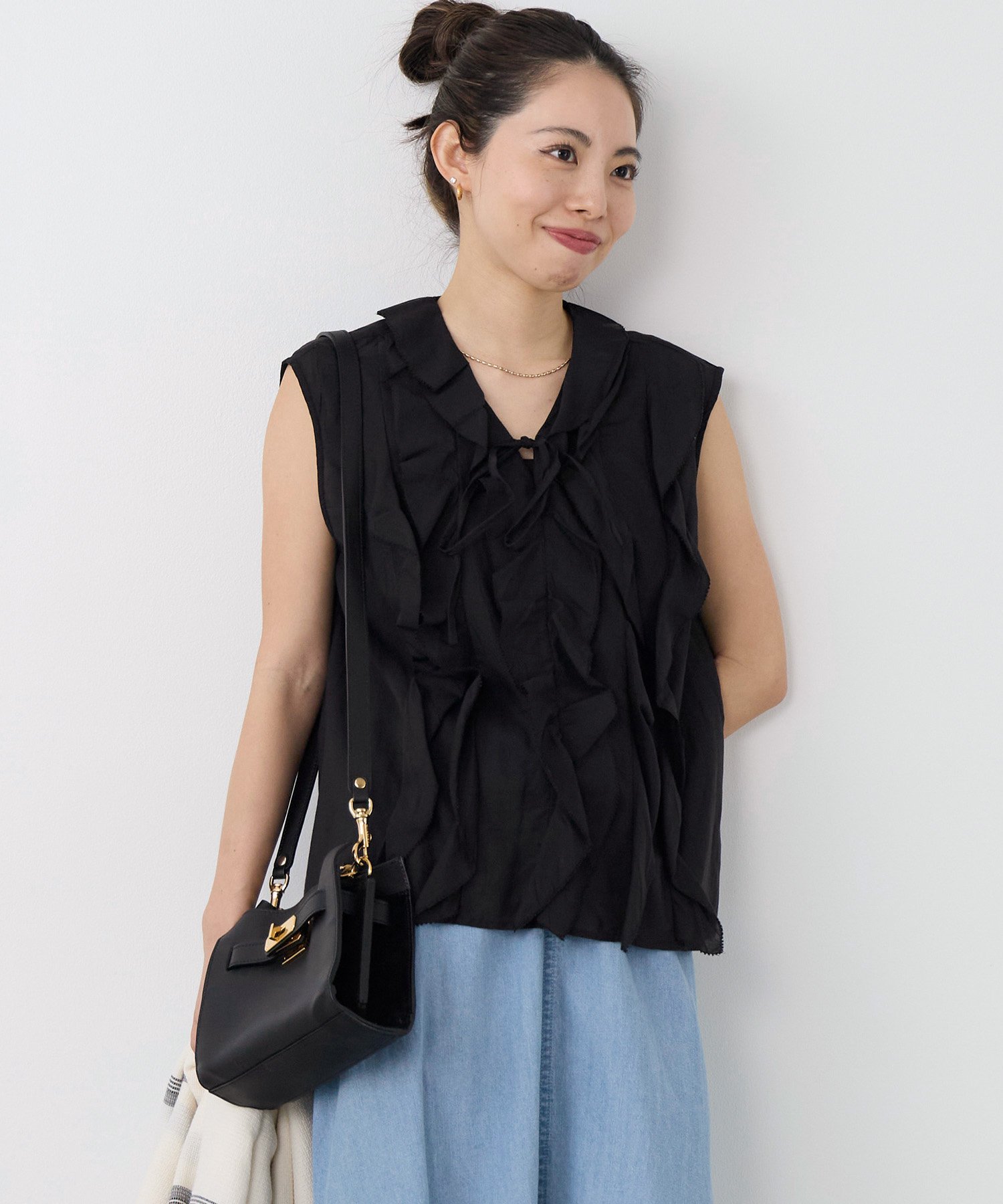 normment 【normment】フリルブラウス-COTTON RAYON FRILL BL マイカアンドディール トップス シャツ・ブラウス ブラウン ブラック