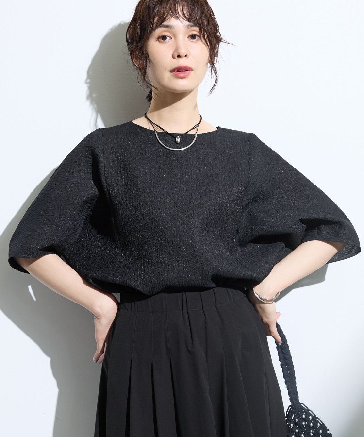 【華奢見え】ジャカード ドルマントップス インディヴィ トップス カットソー・Tシャツ ピンク ブラック ホワイト ネイビー
