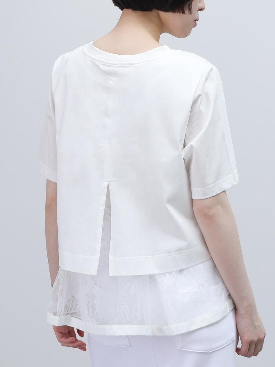 LASUD レース×チュールレイヤードデザインカットソー ラシュッド トップス カットソー・Tシャツ ブラック ホワイト