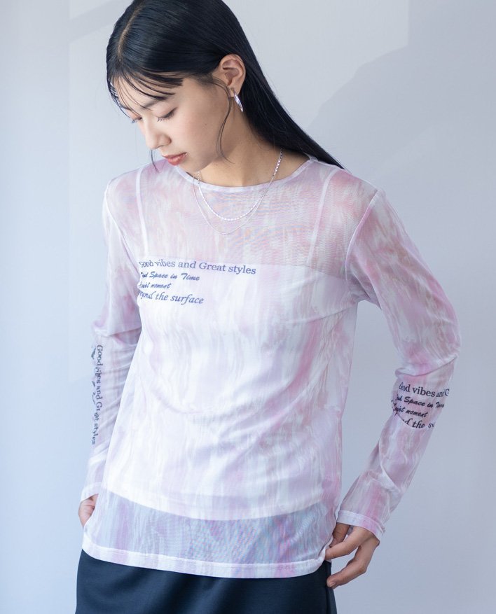 YEVS チュール ロゴ配色 シアープルオーバー 長袖 レディース イーブス トップス カットソー・Tシャツ グリーン ピンク