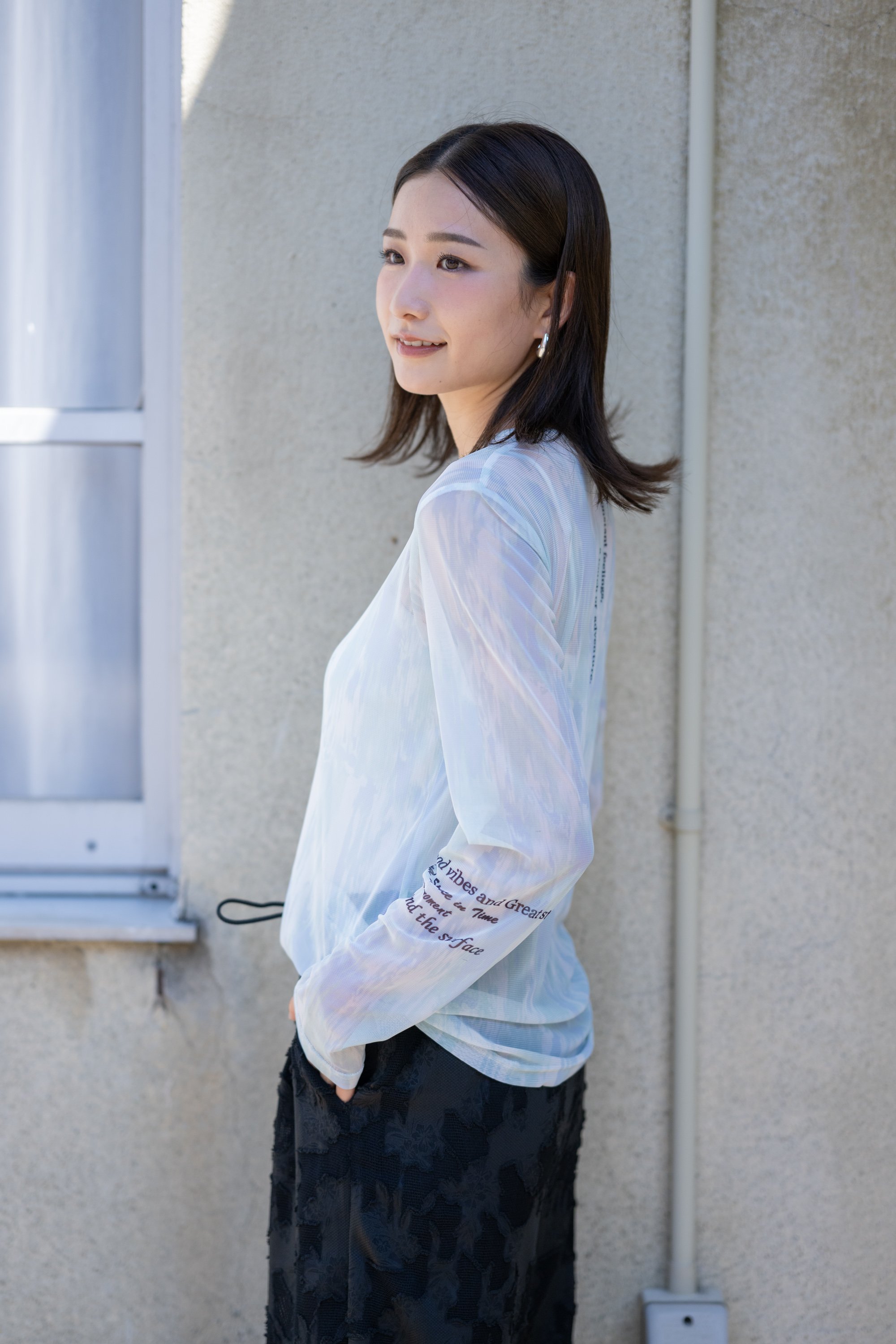 YEVS チュール ロゴ配色 シアープルオーバー 長袖 レディース イーブス トップス カットソー・Tシャツ グリーン ピンク