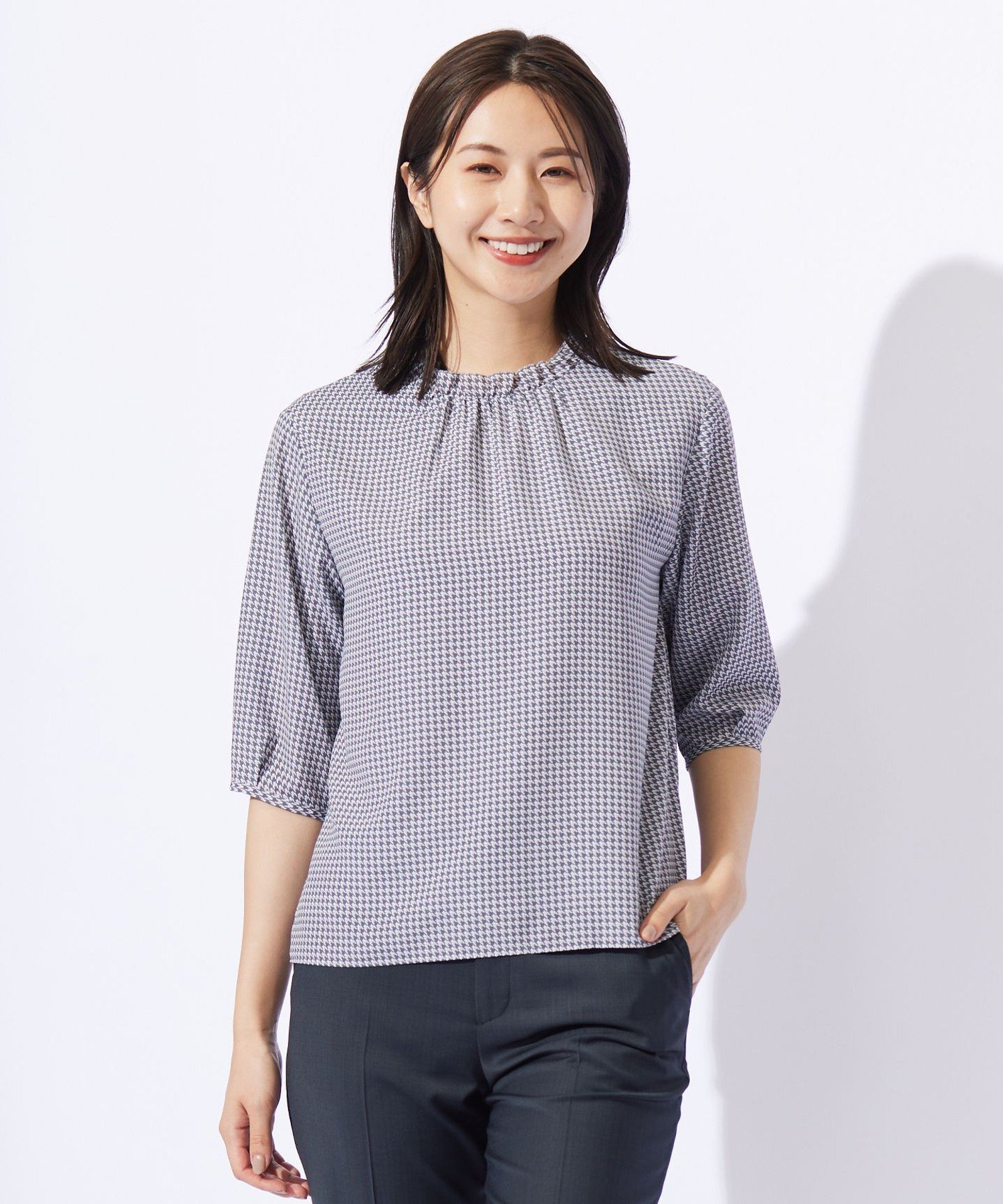 J.PRESS 千鳥プリント フリル襟 カットソー ジェイプレス トップス カットソー・Tシャツ ネイビー グレー ホワイト
