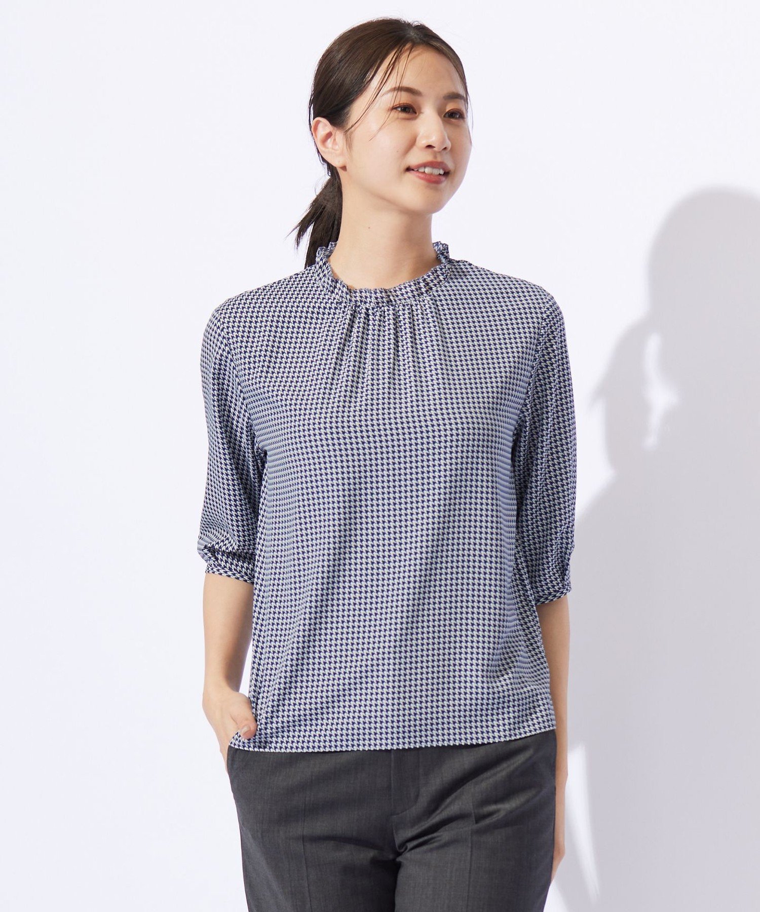 J.PRESS 千鳥プリント フリル襟 カットソー ジェイプレス トップス カットソー・Tシャツ ネイビー グレー ホワイト