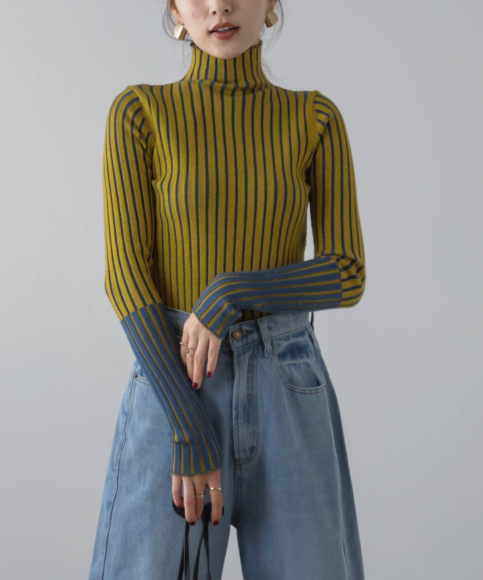 La-gemme リブニットタートルネックトップス ラジュール トップス ニット ブラック イエロー ベージュ