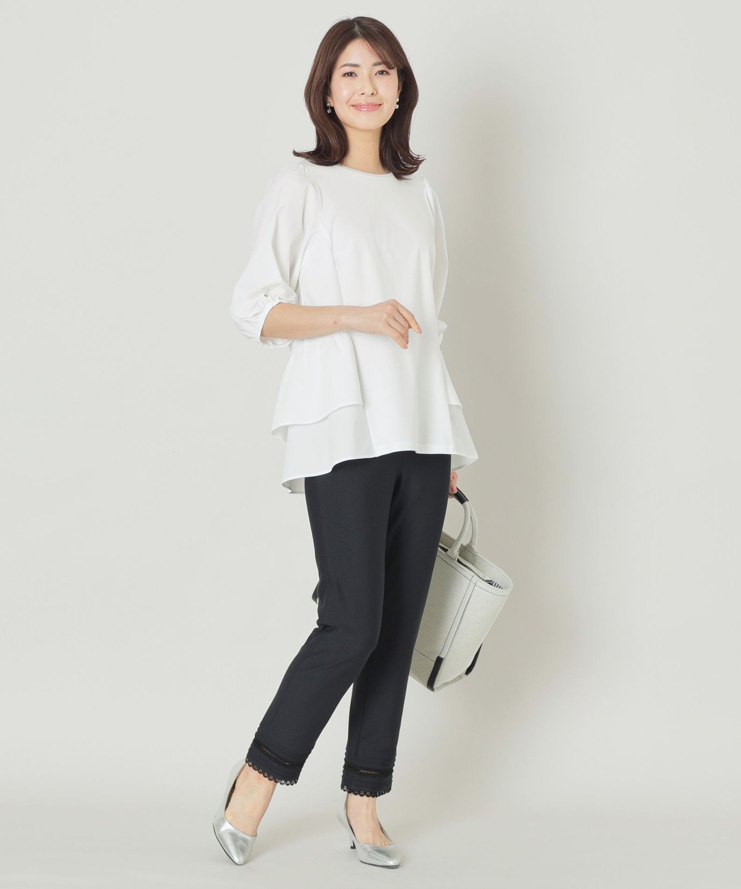 TO BE CHIC 【L】タフタコンビティアード チュニック サンヨー エルサイズ トップス カットソー・Tシャツ ブラック ホワイト