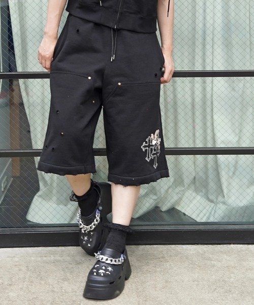【GALFY×GALLIS ADDICTION】クロスガリノハーツハーフパンツ*セットアップ対応(MENS/WOMENS) ジャックローズ パンツ その他のパンツ ピンク ブラック ブルー ホワイト