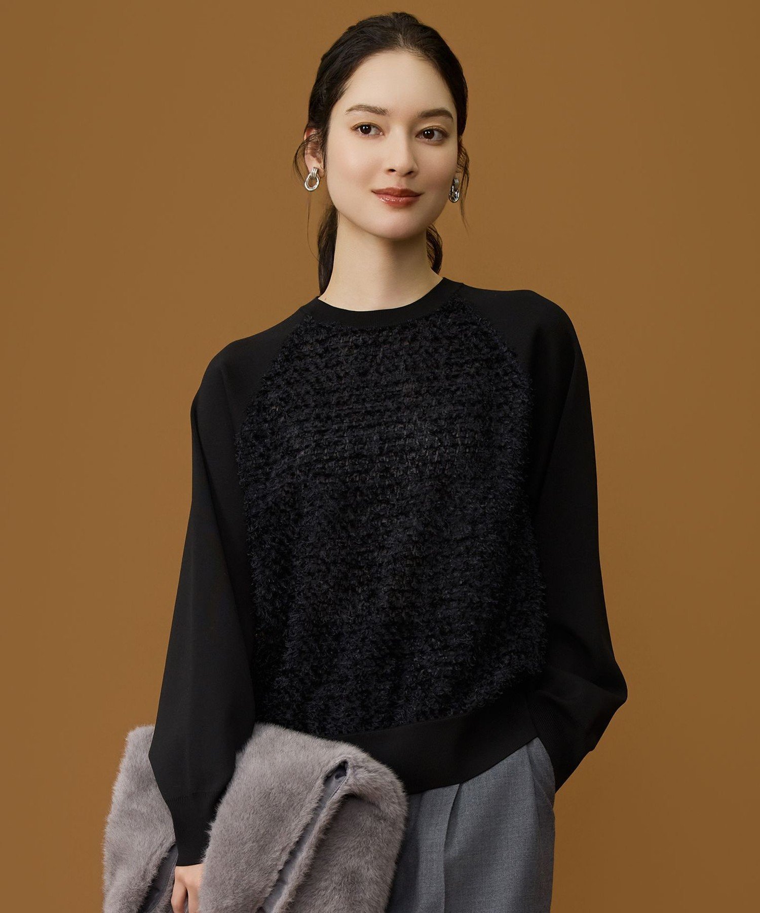 自由区 ジャカードコンビ プルオーバー ジユウク トップス ニット ベージュ ブラック【送料無料】