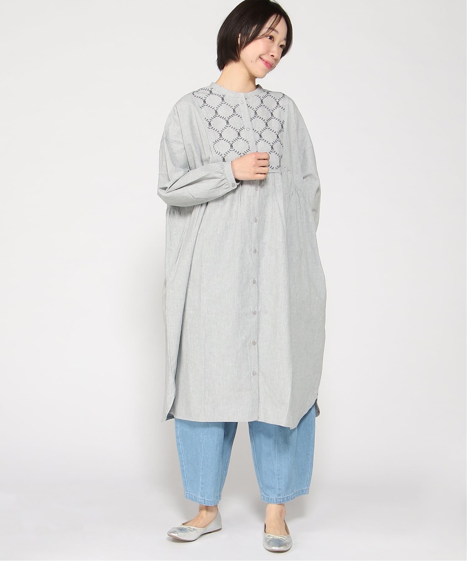 cloudnine 【2026 新作】繊細な胸元刺繍が映えるコットンワンピース 軽やか素材で長く着られる前開き仕様 クラウドナイン ワンピース ドレス ワンピース パープル グレー【送料無料】