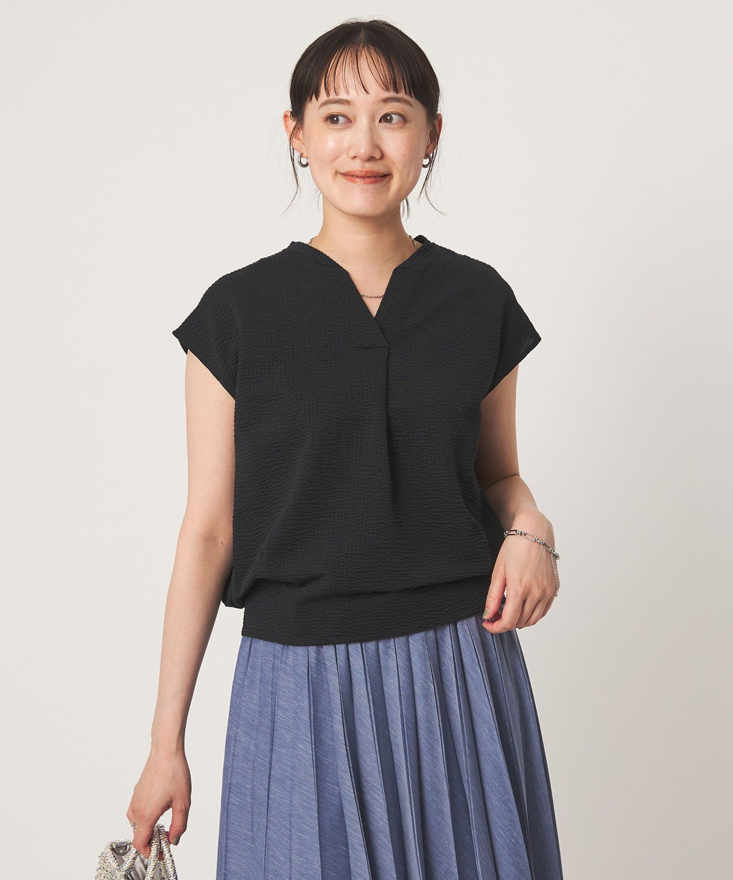 サッカー タック フレンチスリーブ カットソー UVカット ユナイテッドアローズ グリーンレーベルリラクシング トップス カットソー・Tシャツ ブルー ホワイト ブラック