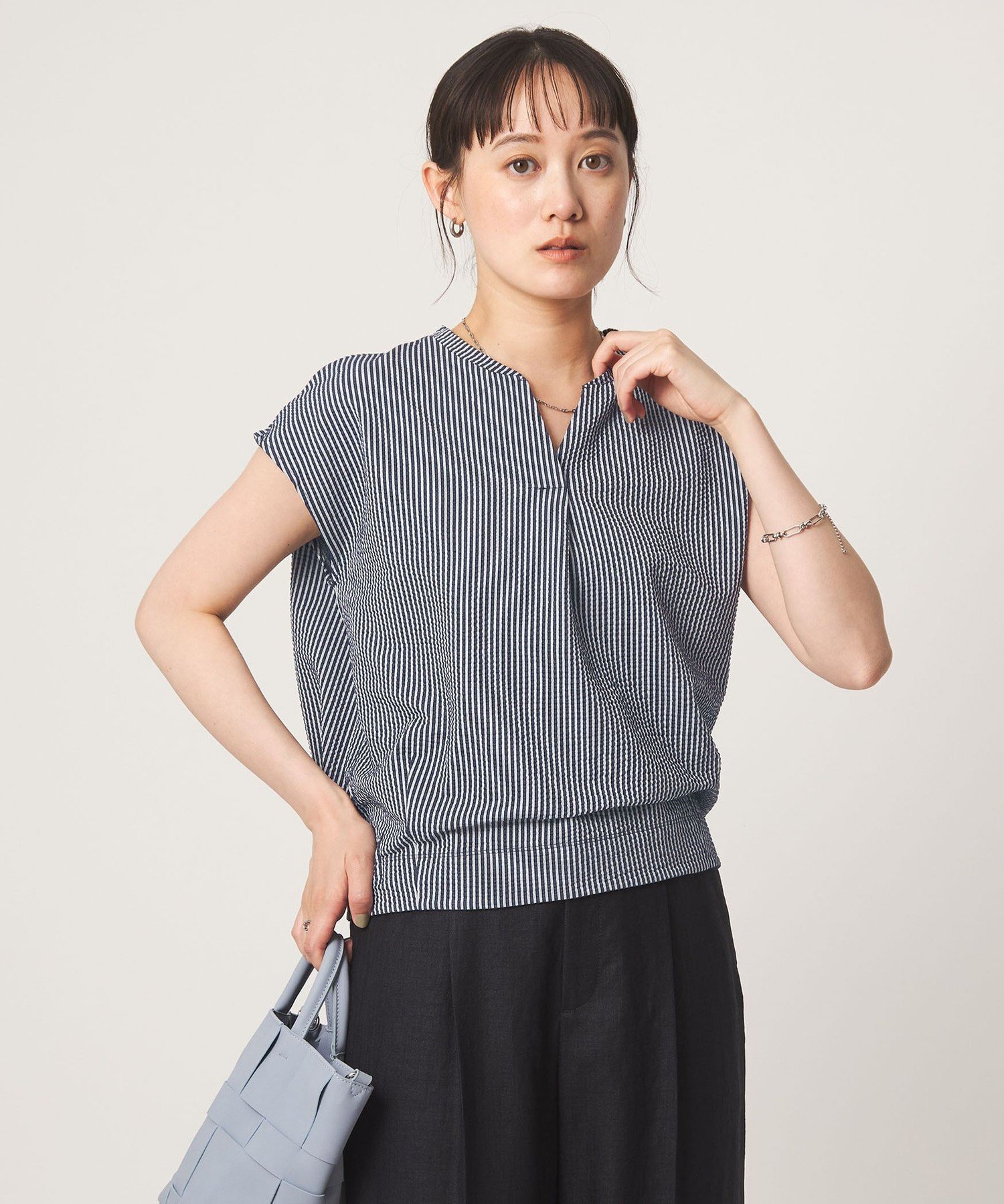 サッカー タック フレンチスリーブ カットソー UVカット ユナイテッドアローズ グリーンレーベルリラクシング トップス カットソー・Tシャツ ブルー ホワイト ブラック