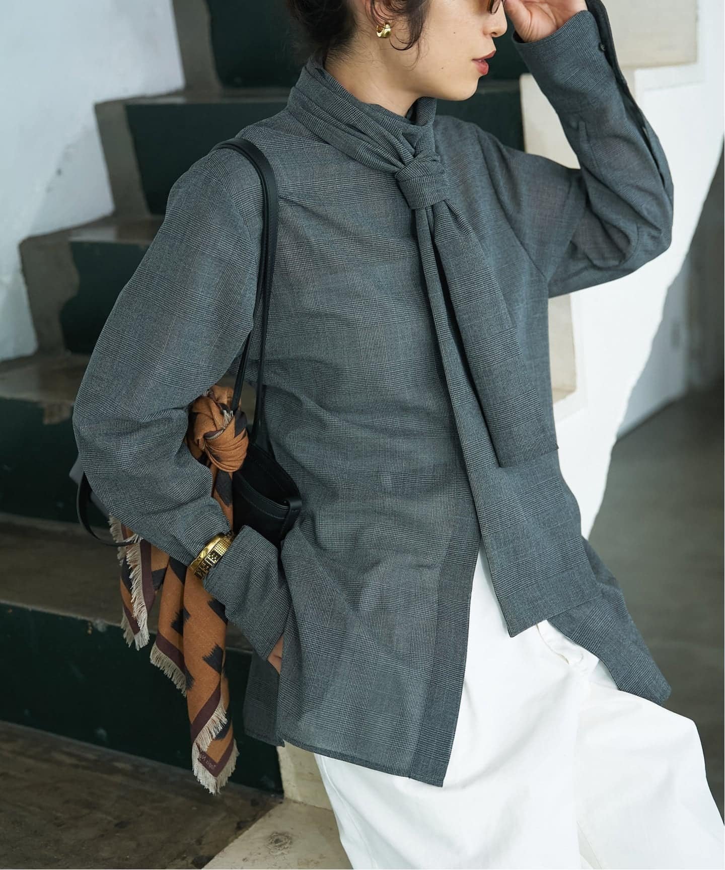 VERMEIL par iena Glen Check ボウブラウス ヴェルメイユ パー イエナ トップス シャツ・ブラウス グレー ブラウン