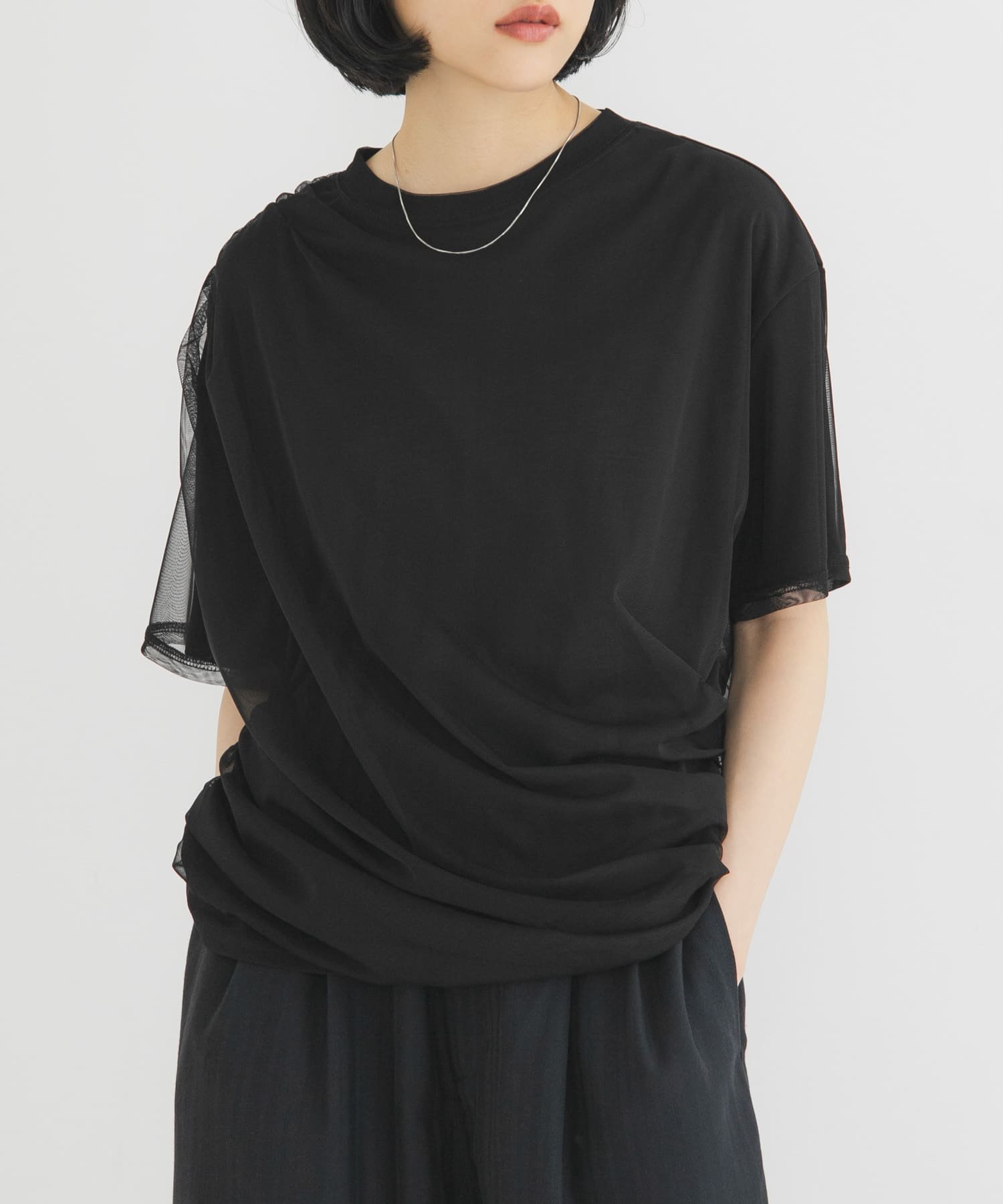 KBF シアーレイヤードTEE ケービーエフ トップス カットソー・Tシャツ ブラック ホワイト