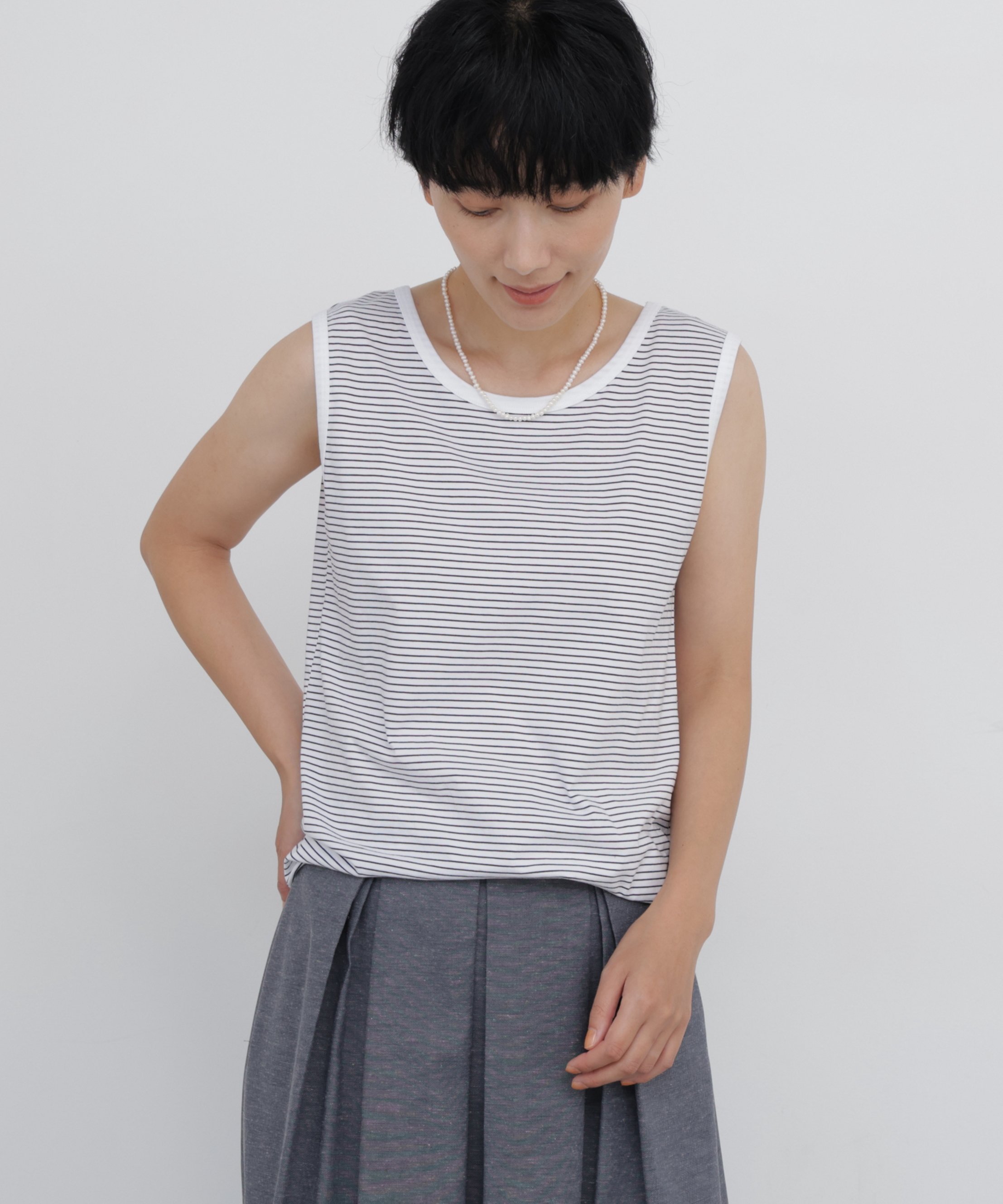 human woman ハイゲージボーダータンク ヒューマン ウーマン トップス カットソー・Tシャツ ネイビー グレー