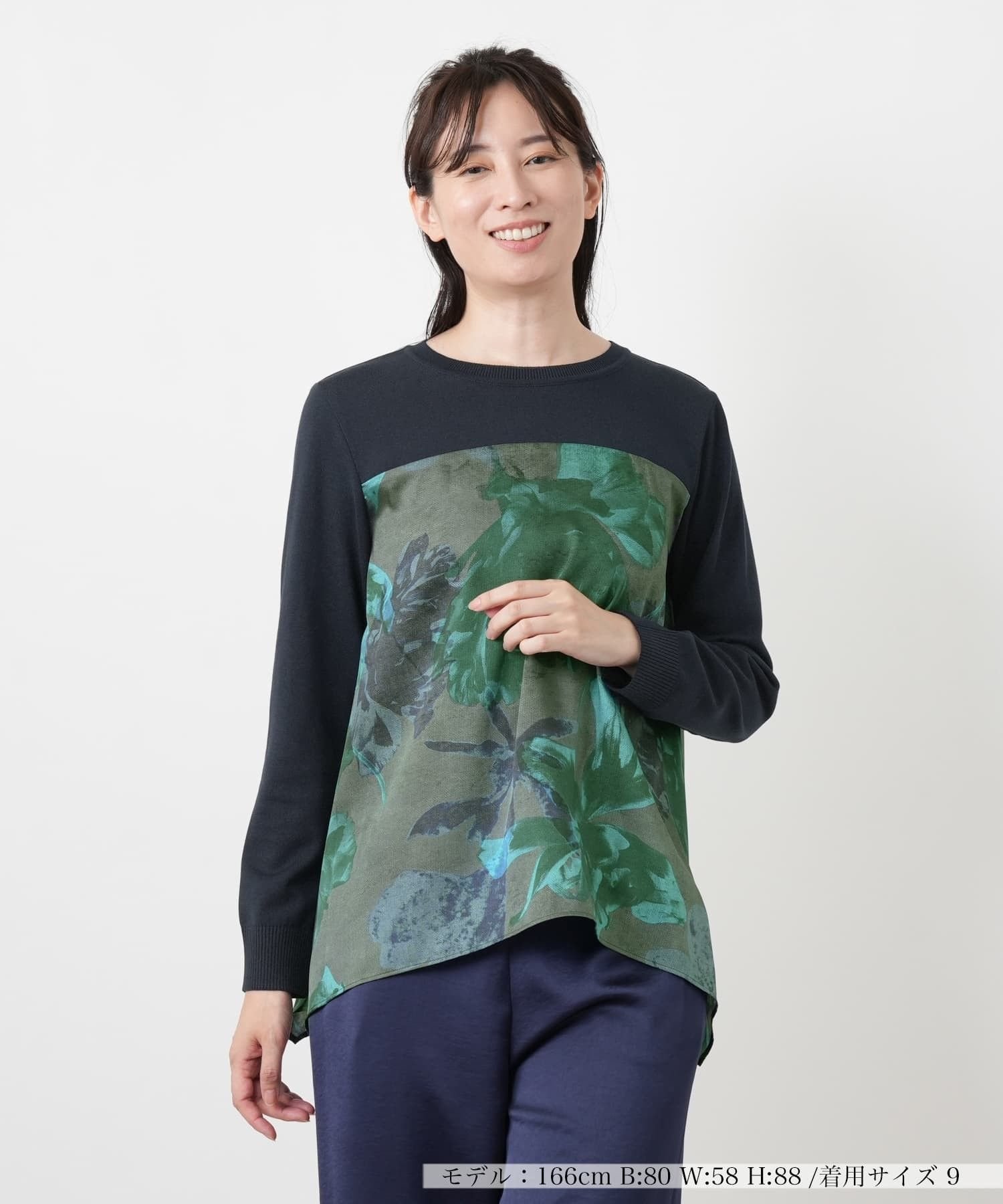 Leilian 異素材切替クルーネックカットソー レリアン トップス ニット カーキグリーン【送料無料】