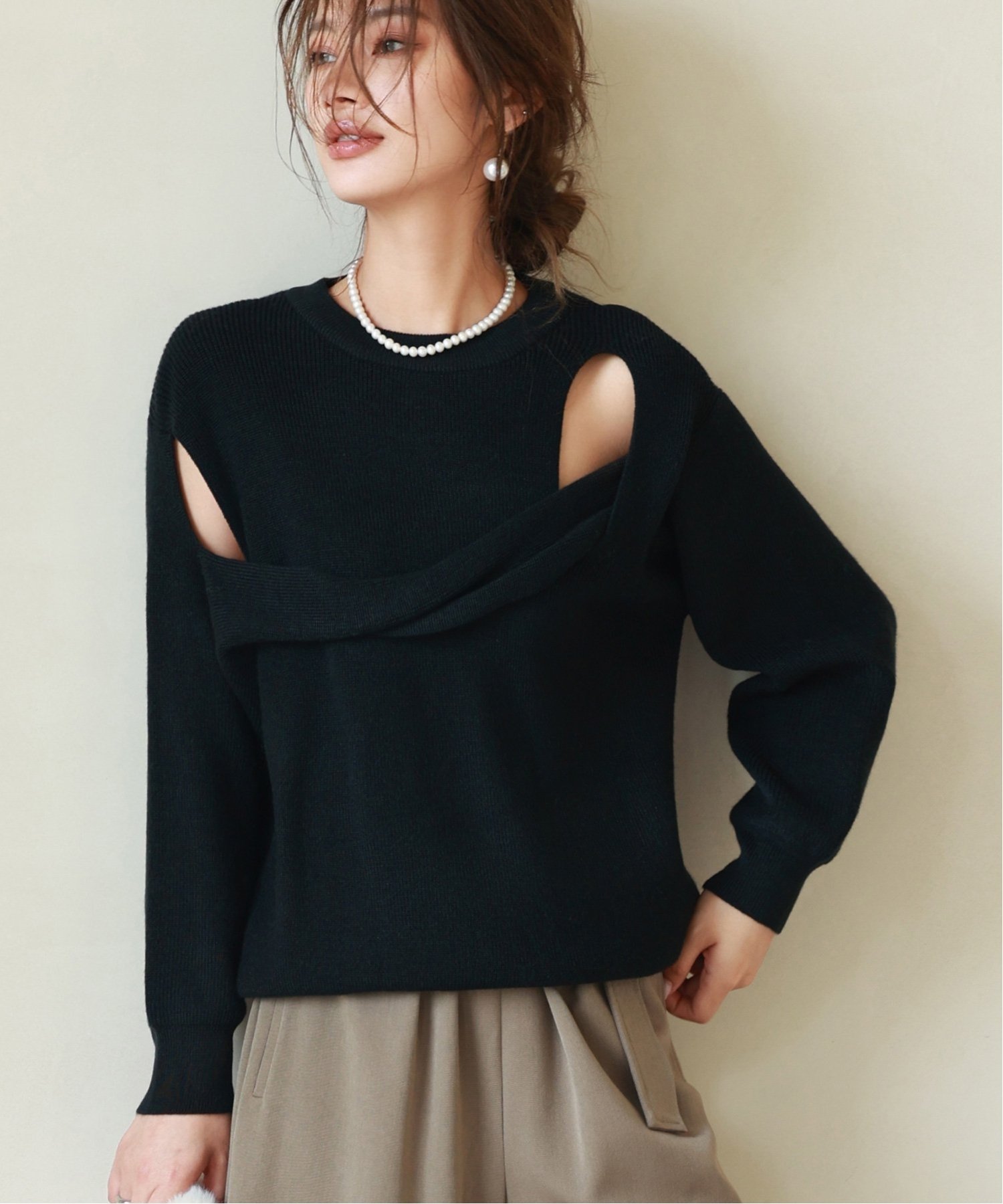 SAISON DE PAPILLON ショルダースリットニットプルオーバー セゾン・ド・パピヨン トップス ニット ブラウン ホワイト ブラック【送料無料】(4)