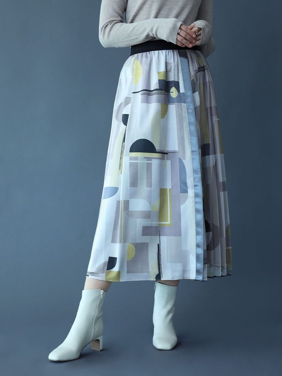 LASUD サイドプリーツ幾何学プリントスカート ラシュッド スカート ロング・マキシスカート ベージュ ブルー【送料無料】のサムネイル