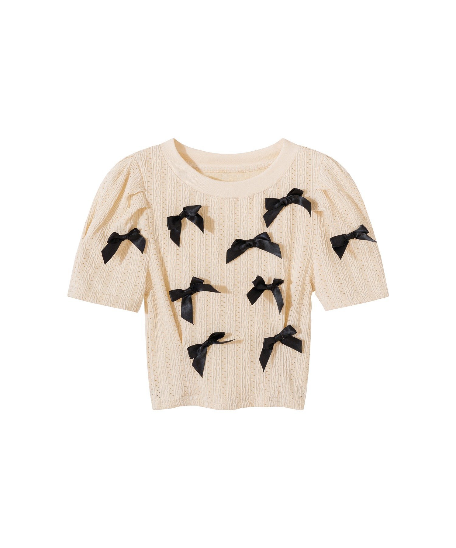 HOOK 【HOOK】for girls リボン付き透かしカットソー アイモハ トップス カットソー・Tシャツ ベージュ グレー