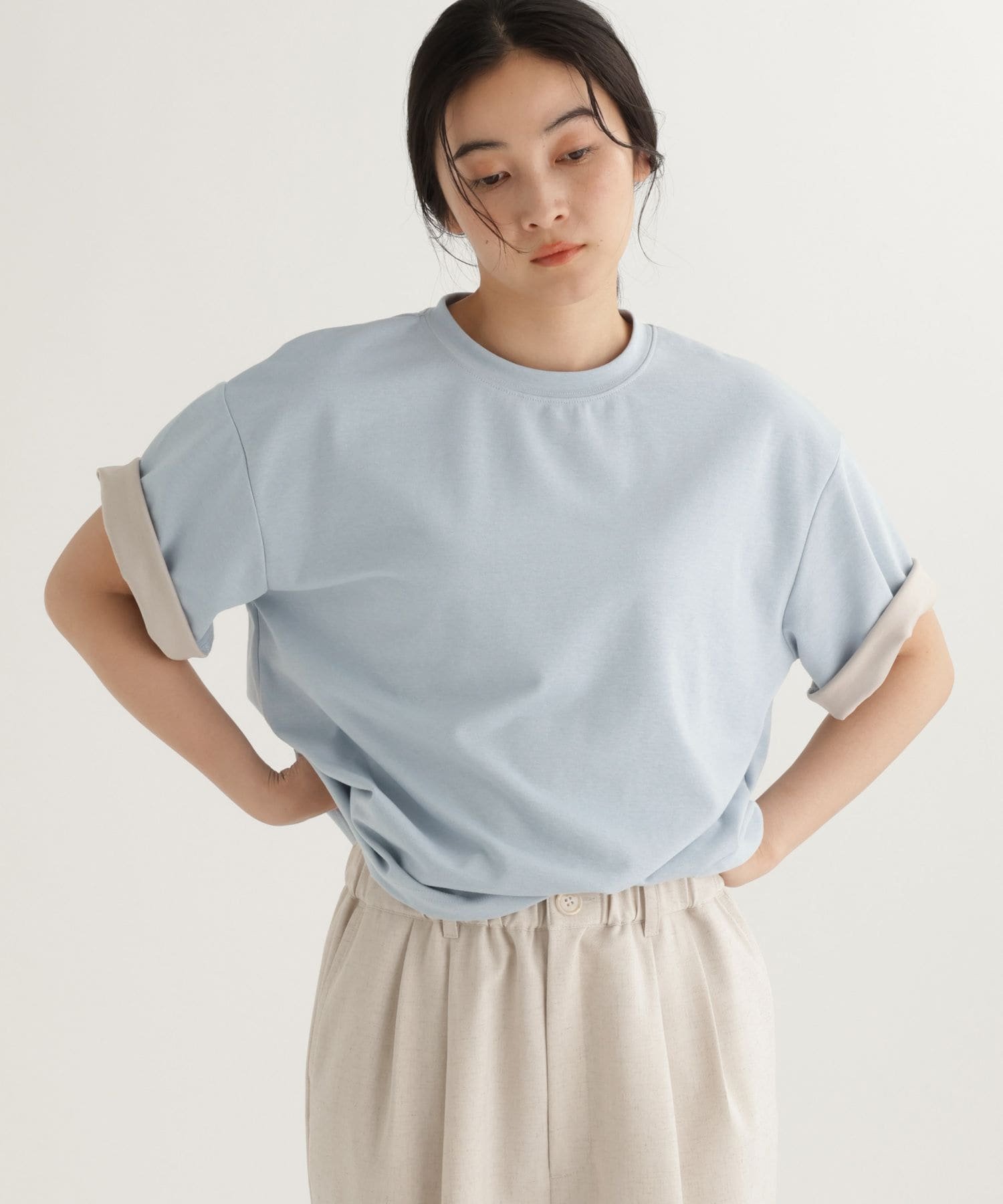 【daily CLIP】ダブルフェイスバイカラーTシャツ スタディオクリップ トップス カットソー・Tシャツ グレー ホワイト ブルー