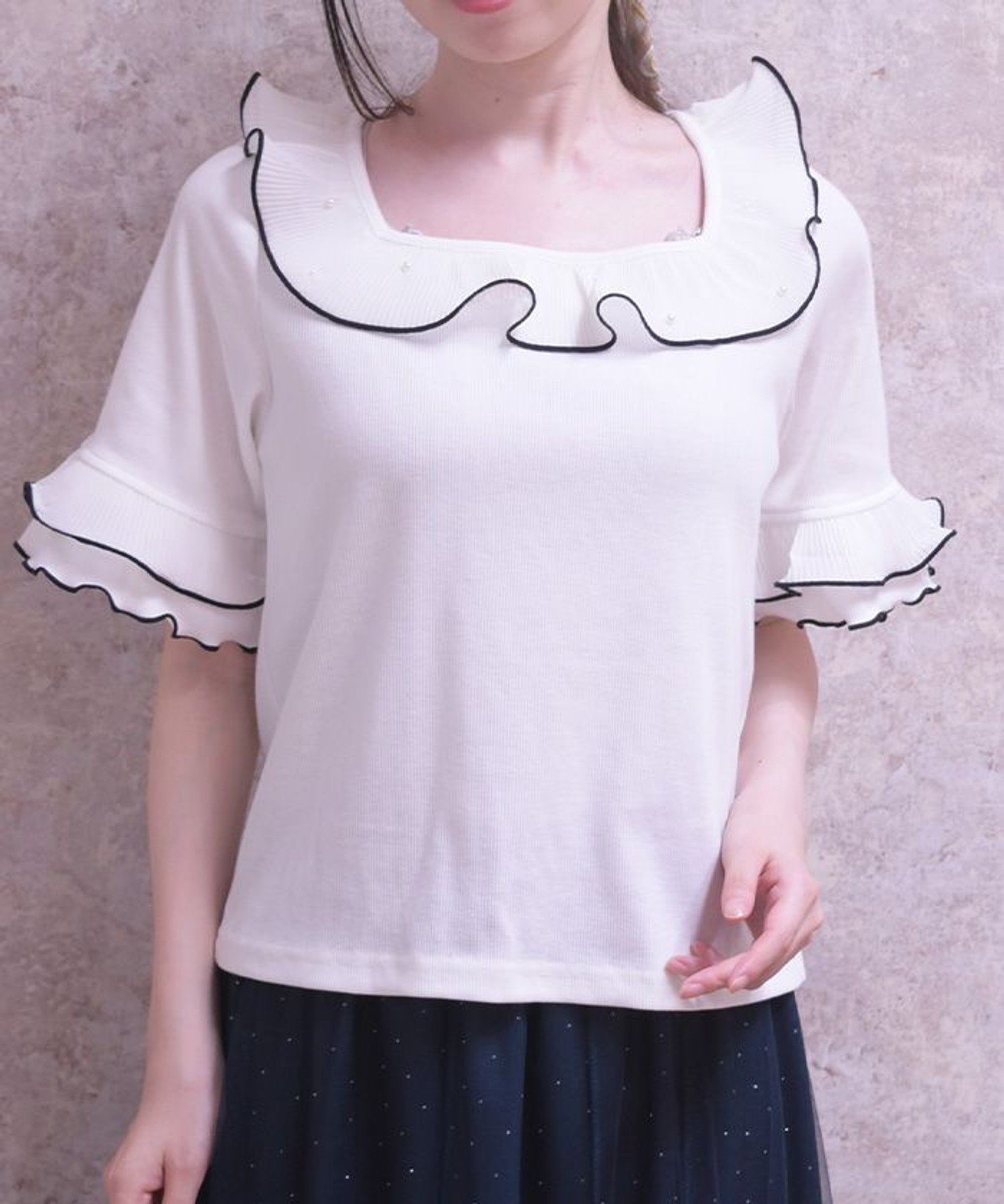プリーツフリルバイカラープルオーバー アクシーズファム トップス カットソー・Tシャツ ブルー ホワイト