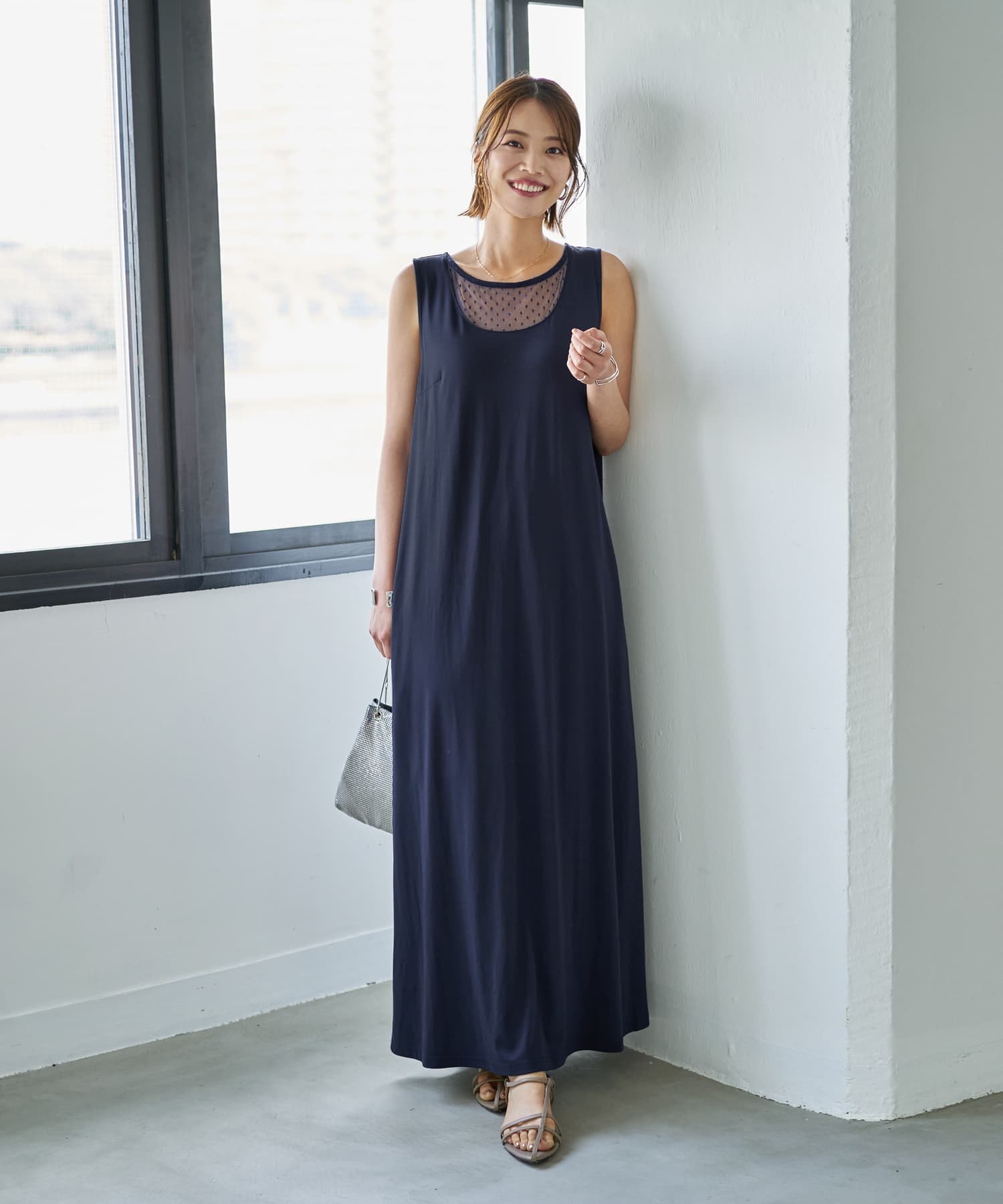 STYLE DELI デコルテがシアーなドット柄カットソーワンピース スタイルデリ ワンピース・ドレス ワンピース ブラック ネイビー【送料無料】のサムネイル