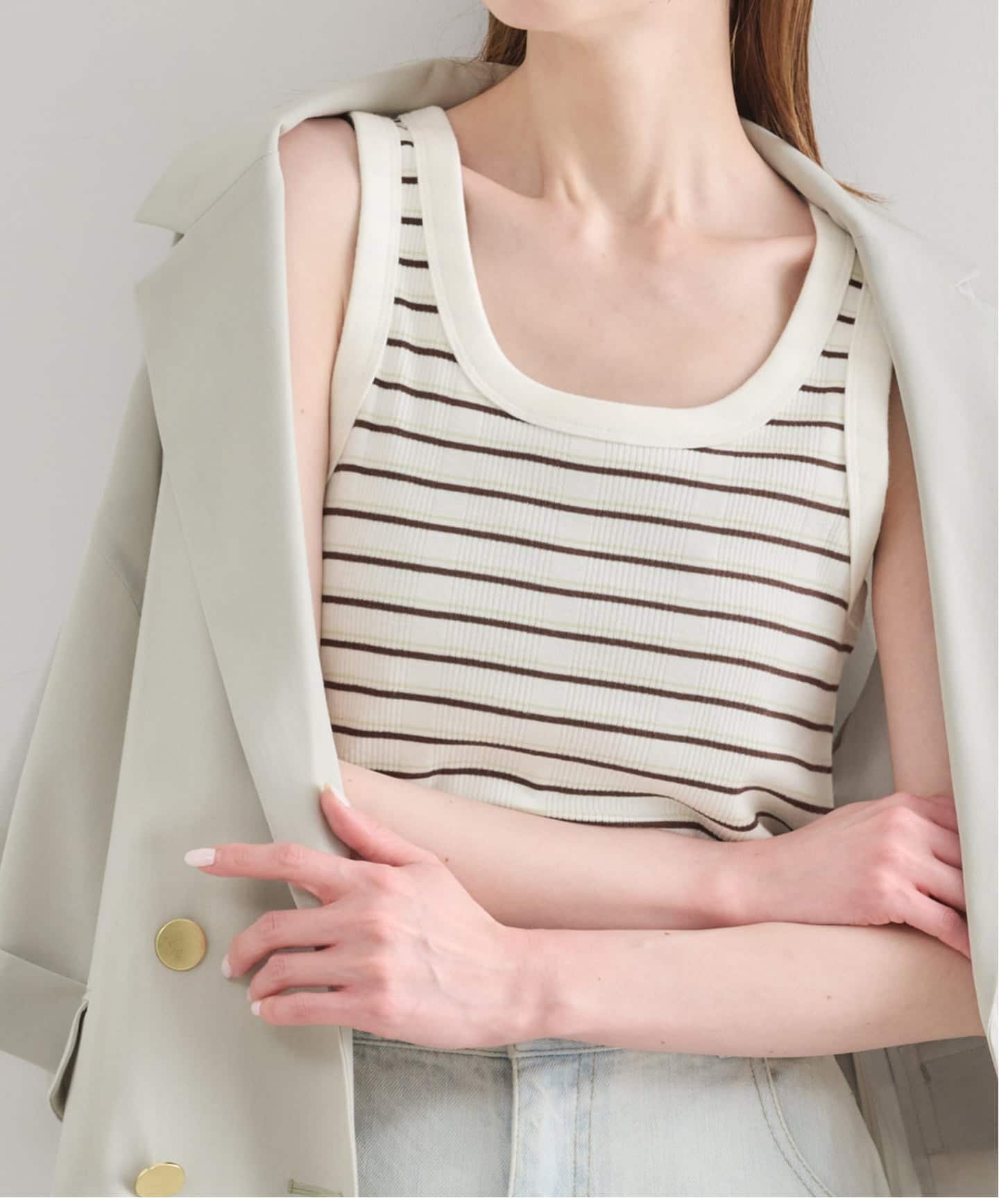 U by SPICK&SPAN 2WAY ハリヌキリブマルチボーダータンク ユーバイスピックアンドスパン トップス ノースリーブ・タンクトップ ベージュ ブルー ブラウン
