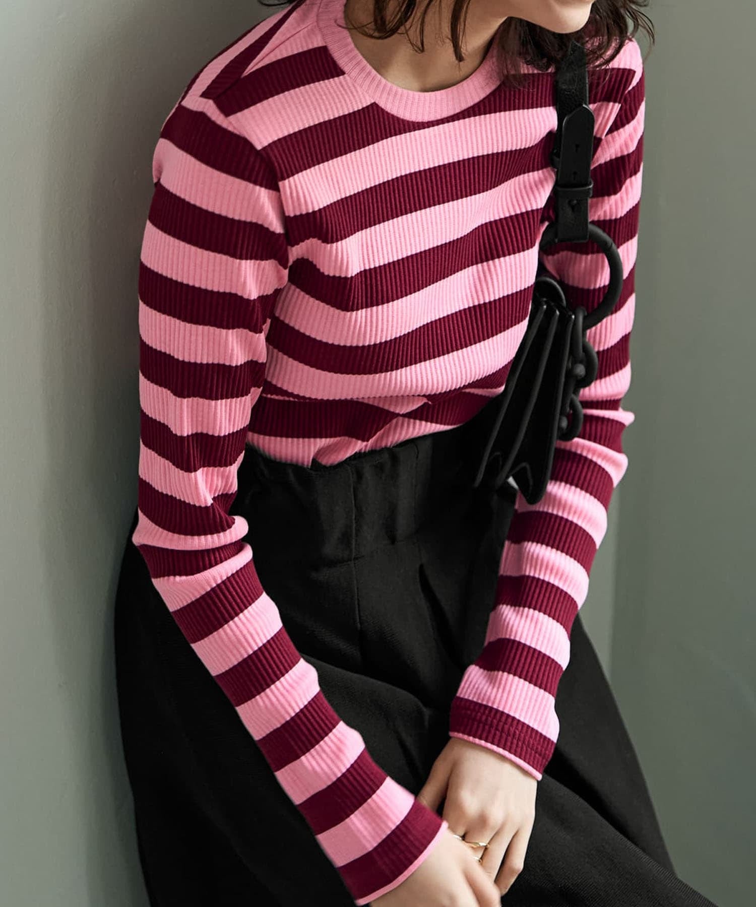 STYLE DELI カラーボーダーリブトップス スタイルデリ トップス ニット グリーン ブルー レッド【送料無料】