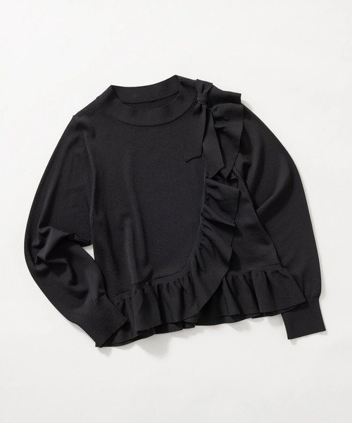 STRAWBERRY-FIELDS アシンメトリーフリルニット ストロベリーフィールズ トップス ニット ピンク ブラック【送料無料】