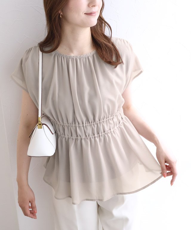 Pierrot 【接触冷感インナー付き】ウエストシャーリングシフォンブラウス ピエロ トップス シャツ・ブラウス ブルー グレー ネイビー