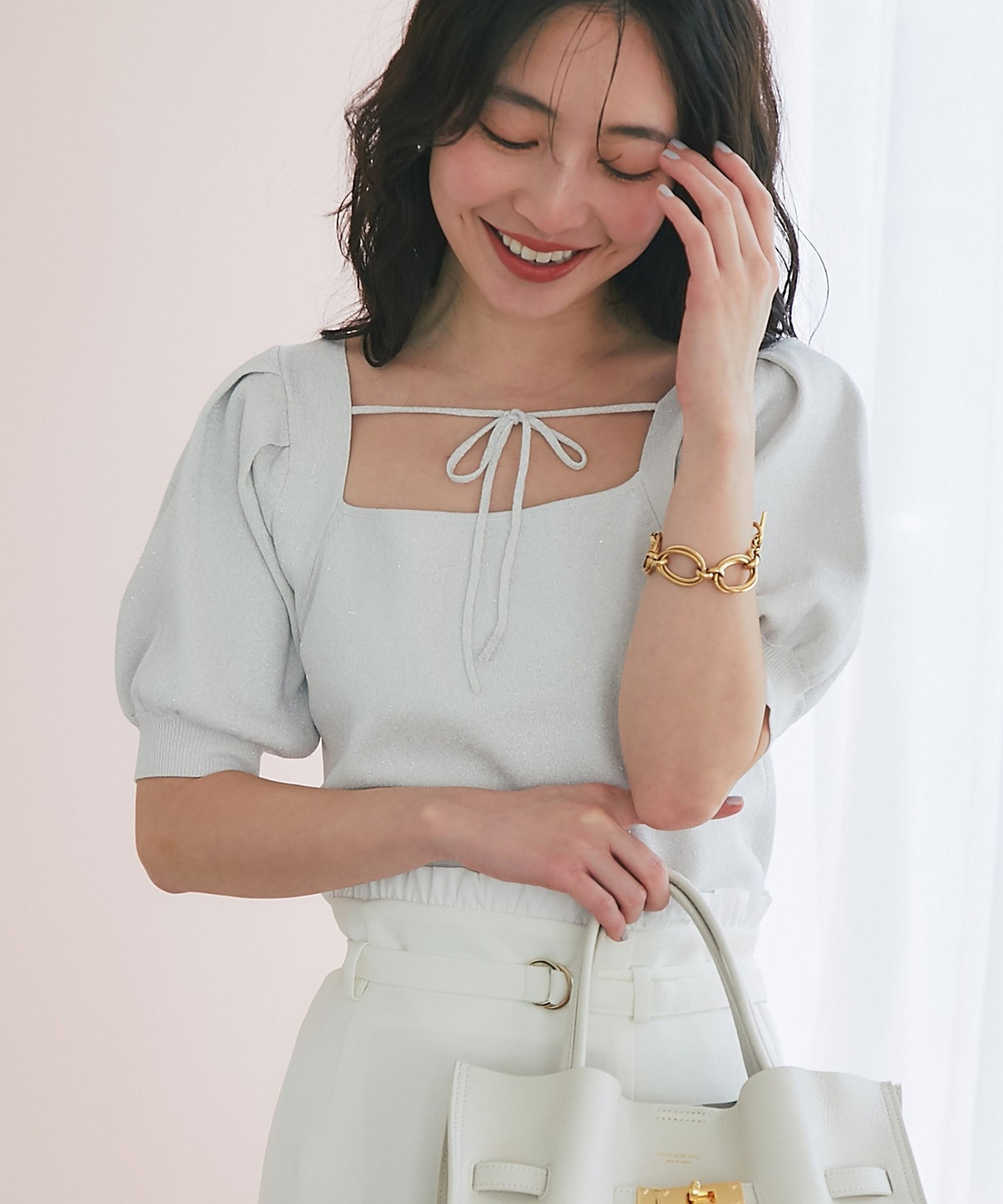 La boutique BonBon 【接触冷感・UVカット】クールタッチUVラメ前後2WAYスクエアネックニット ラブティックボンボン トップス ニット ピンク シルバー グレー